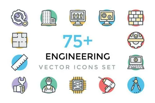 建筑工程主题粗线条彩色图标 Engineering Vector Icons