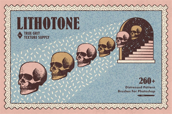 复古欧普艺术仿旧噪点甜甜圈裂纹几何图形PS笔刷 Lithotone B