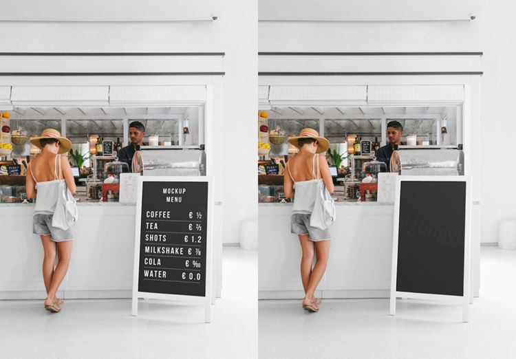 商场吧台收银台菜单广告牌场景贴图样机素材 Restaurant Stand Mockup