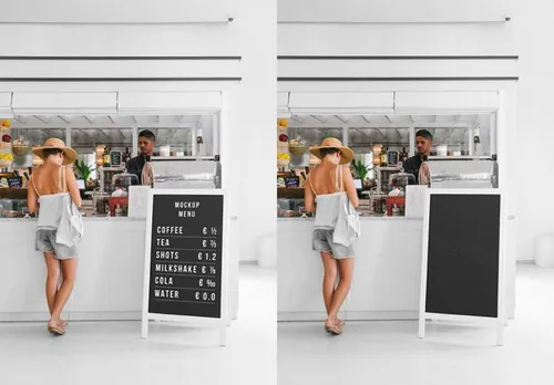 商场吧台收银台菜单广告牌场景贴图样机素材 Restaurant Stand Mockup