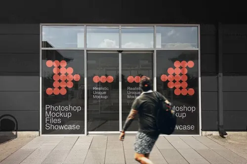 商铺门口玻璃橱窗广告海报设计贴图展示样机模板 Adverti