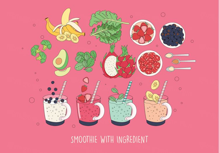 新鲜水果冰沙矢量插图Smoothie And Ingredient Vector
