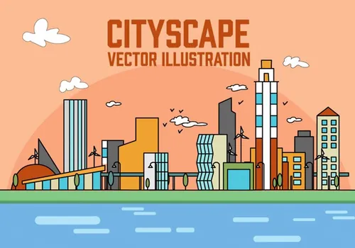 线性城市矢量插图Peach Linear City Vector Illustration