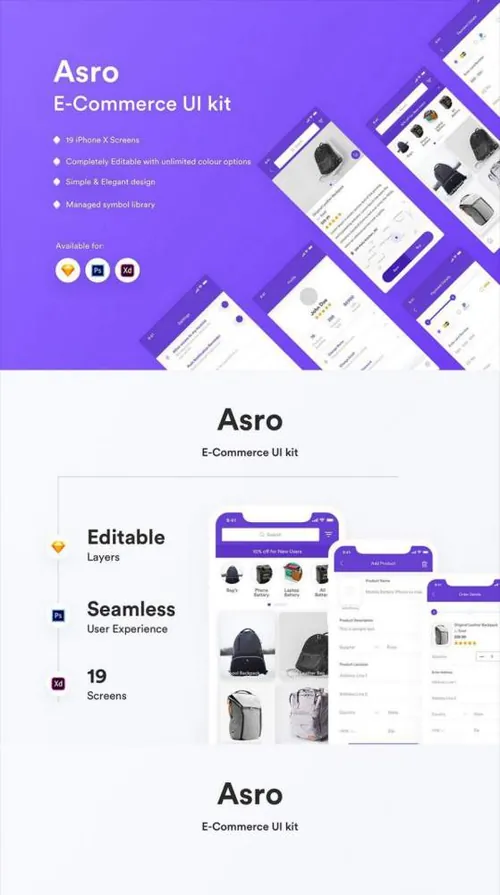 手机移动端紫色背包书包电子商务购物平台UI界面设计素材 Asro UI