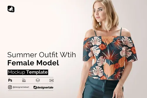 夏季女性短袖露肩服装设计展示样机PSD模板 Female Summer Outfit Mockup