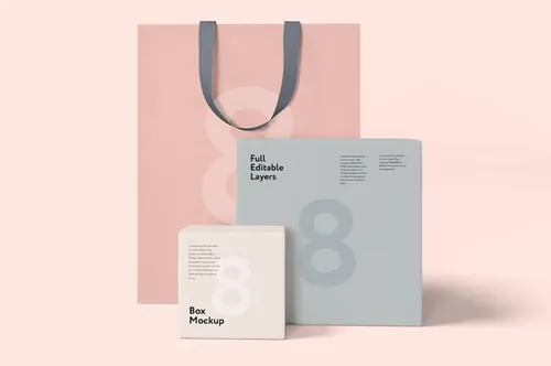 高端商品礼盒纸袋包装VI品牌样机PSD模版 Box and bag mock-up set