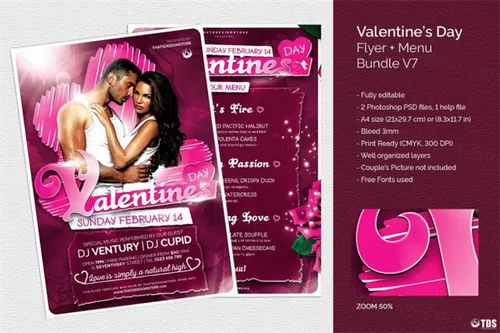 情人节主题传单PSD模板v7 Valentines Day Flyer Menu