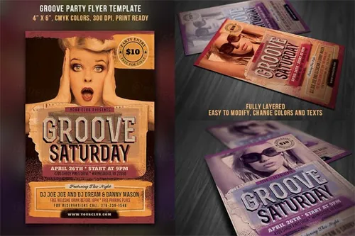 凹槽传单海报复古风格模板 Groove Party Flyer Vintage Style