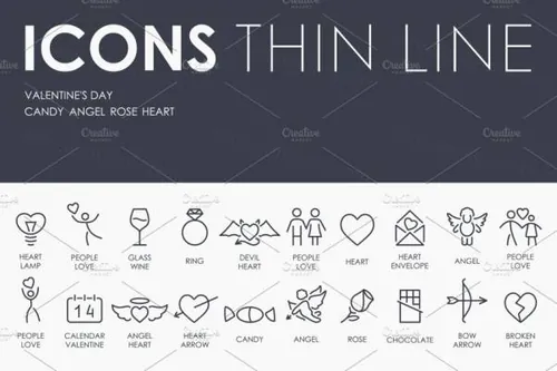 情人节图标大全 Valentine’s Day thinline icons