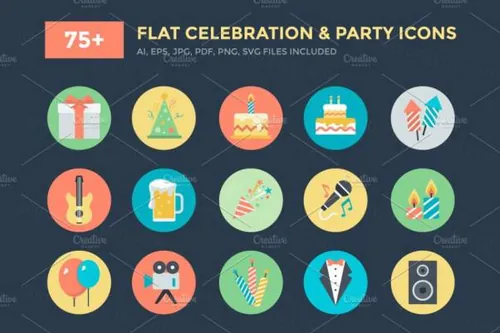 庆祝派对矢量图标设计 Flat Celebration and Party Ic