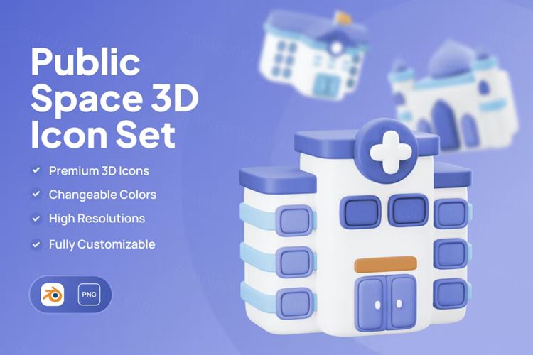 三维渲染卡通政府医院警察局银行公共场所建筑插画素材 Publ