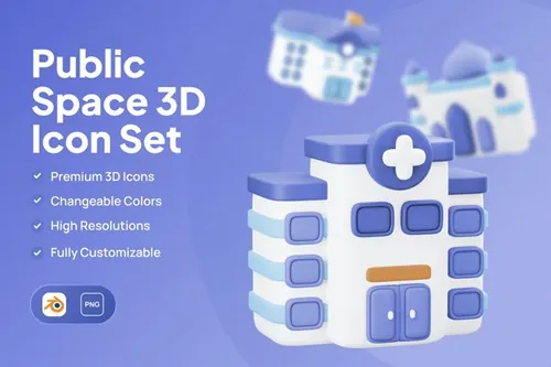 三维渲染卡通政府医院警察局银行公共场所建筑插画素材 Publ