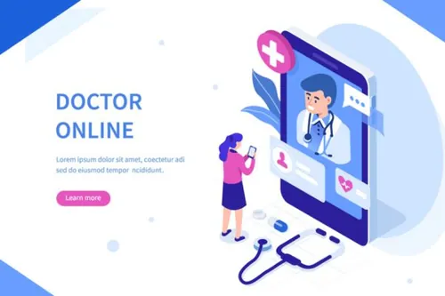 在线医疗扁平风格蓝色关注健康网页模板