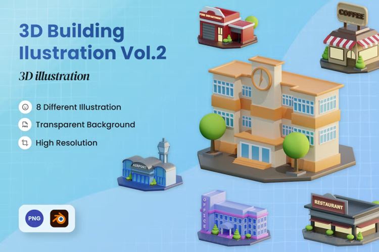 三维渲染卡通商店酒店医院住宅建筑主题3D插图素材 3d Bu