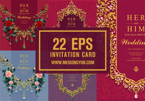 奢华珠宝玫瑰花纹婚礼宴会请柬 Invitation Card