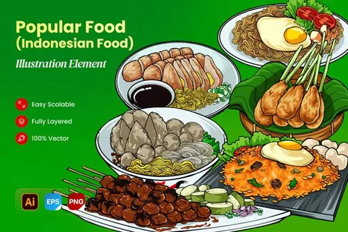 手绘印尼开斋节伊斯兰教热门食物矢量插图素材 Hand Dra