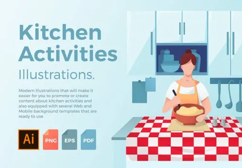烹饪烘焙食物Web APP插画素材 Kitchen Activities Ill
