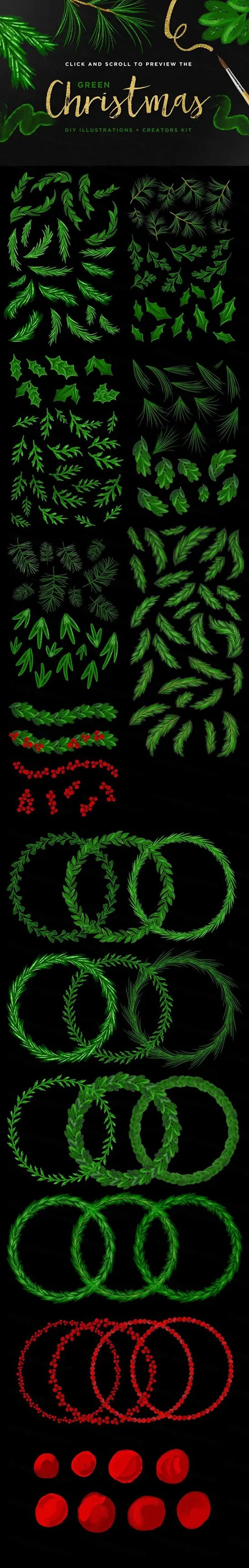 手绘水彩绿色植物装饰素材 Green-Christmas-D