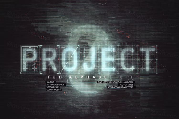 潮流科幻未来派故障效果字母HUD线框网格元素合辑 HUD A
