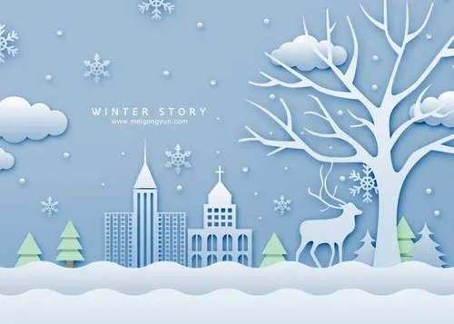 冬季剪纸贴画风格PSD海报Paper-Cut in winter