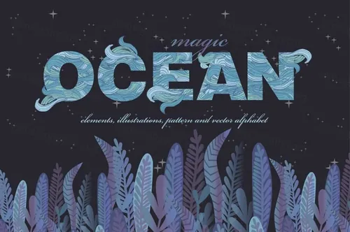 创意海洋主题矢量字母背景装饰素材 Magic Ocean K