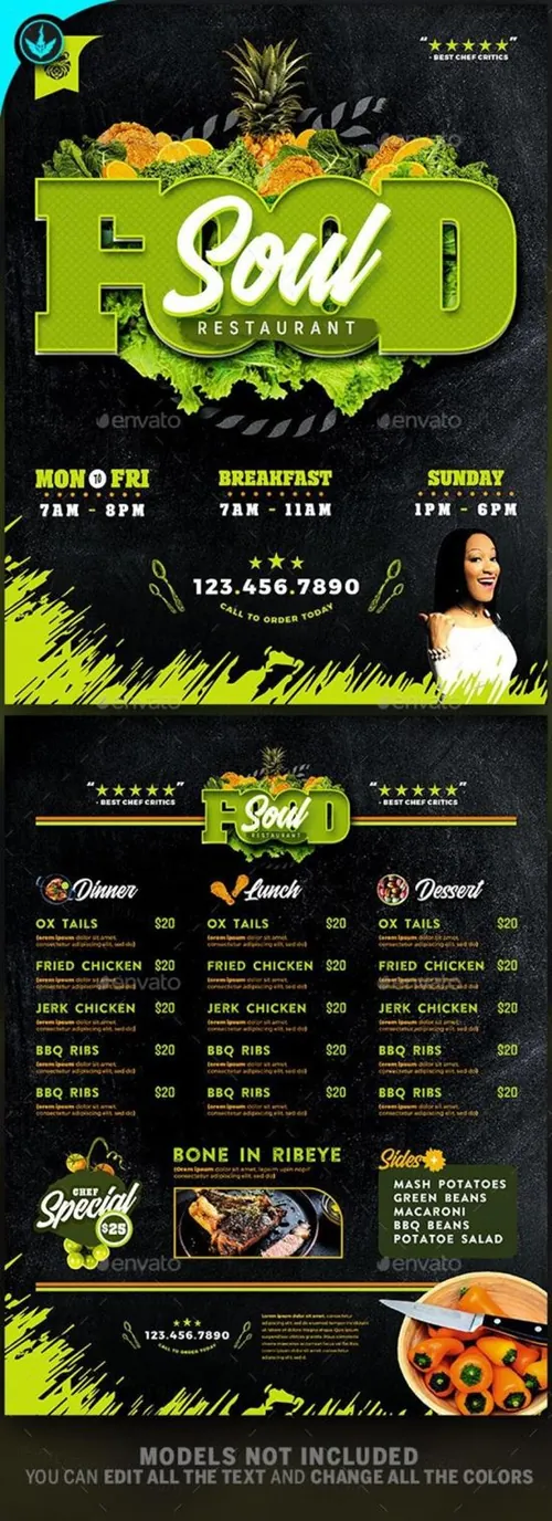 烧烤食物餐厅菜单传单设计模板 Soul Food Restaurant Menu