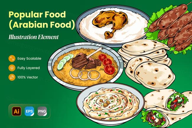 手绘阿拉伯甜点小吃热门食物矢量插图素材 Hand Drawn