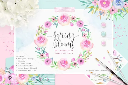 DIY水彩花卉设计素材Spring Blooms - Wat