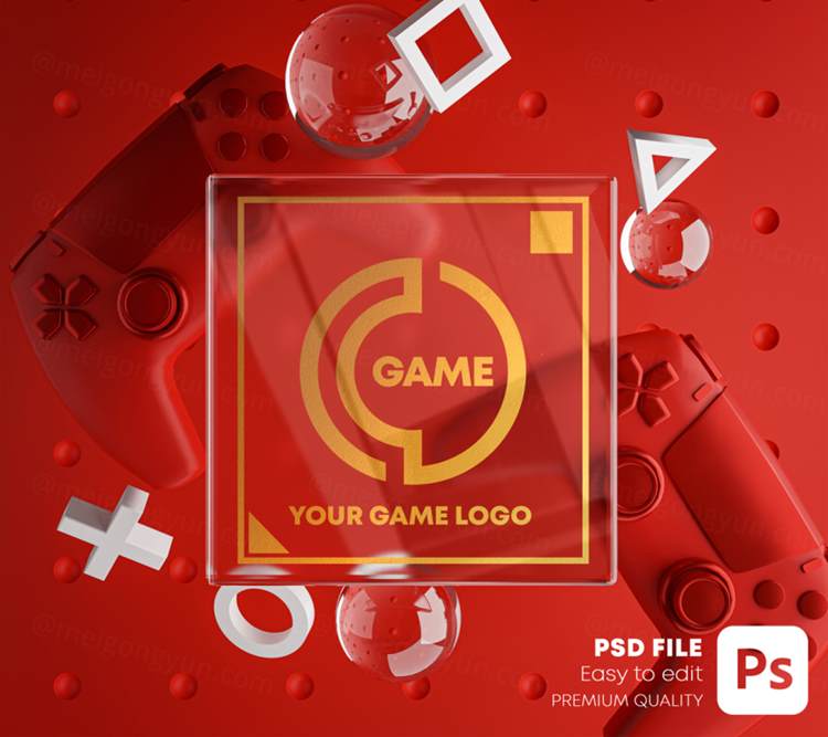 游戏电竞LOGO手柄游戏机场景贴图样机PSD模板 Gaming Glass Logo Mockup Gamepad Pack