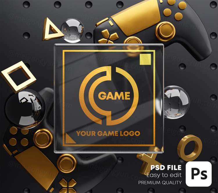 游戏电竞LOGO手柄游戏机场景贴图样机PSD模板 Gaming Glass Logo Mockup Gamepad Pack
