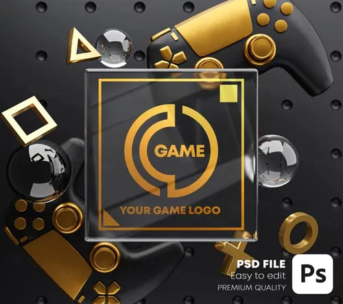 游戏电竞LOGO手柄游戏机场景贴图样机PSD模板 Gaming Glass Logo Mockup Gamepad Pack