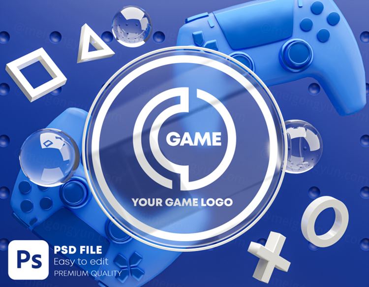 游戏电竞LOGO手柄游戏机场景贴图样机PSD模板 Gaming Glass Logo Mockup Gamepad Pack