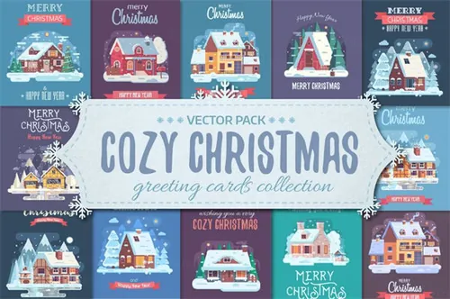 圣诞主题圣诞贺卡矢量模板 Cozy Winter House Christmas Cards