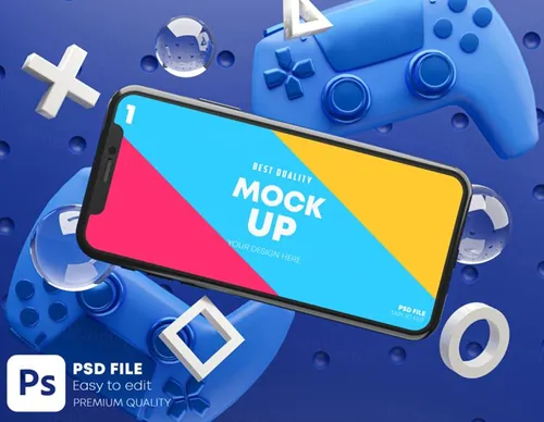 手游APP UI提案展示游戏机手柄场景样机模板 Smartphone Mobile Gaming Mockup