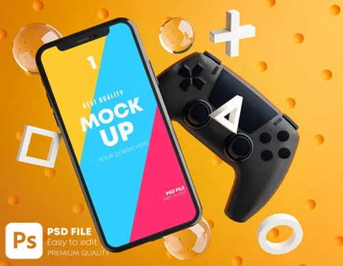 手游APP UI提案展示游戏机手柄场景样机模板 Smartphone Mobile Gaming Mockup