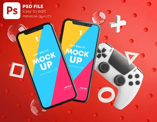 手游APP UI提案展示游戏机手柄场景样机模板 Smartphone Mobile Gaming Mockup