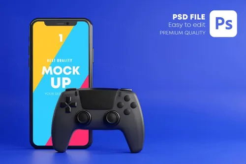 手游APP UI提案展示游戏机手柄场景样机模板 Smartphone Mobile Gaming Mockup