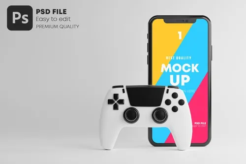 手游APP UI提案展示游戏机手柄场景样机模板 Smartphone Mobile Gaming Mockup