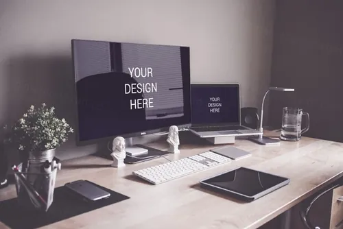 戴尔品牌产品PSD贴图模板Dell Desk with Macbook Air