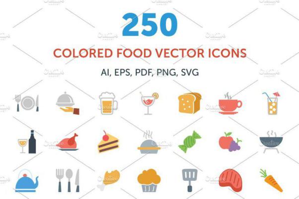 彩色食物矢量图标 250 Colored Food Vector Icons