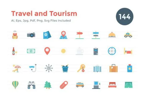 旅行素材矢量图标 144 Flat Travel and Tourism Ico