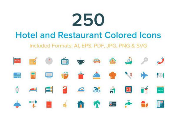 酒店和餐厅的彩色图标 Hotel and Restaurant Colored