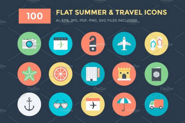 暑假旅行图标素材 100 Flat Summer and Travel Icon