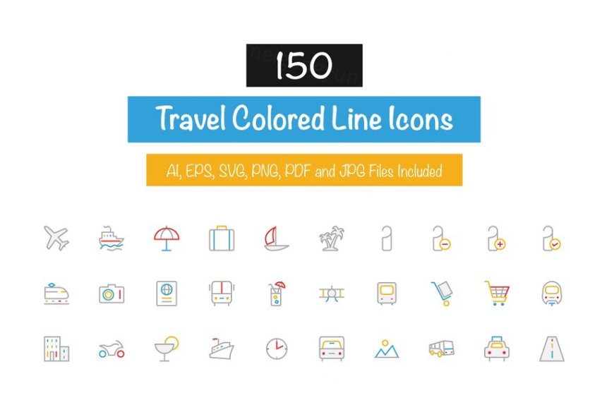 旅行矢量图标 150 Travel Colored Line Icons