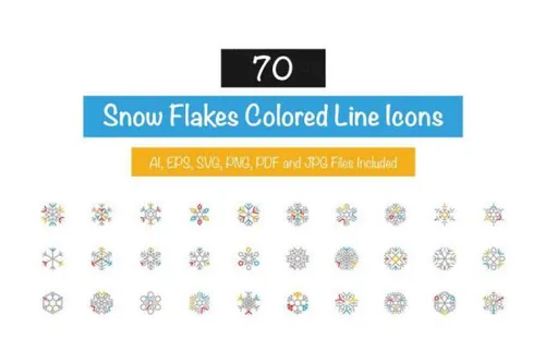 雪花彩色线条图标 70 Snow Flakes Colored Line Ico