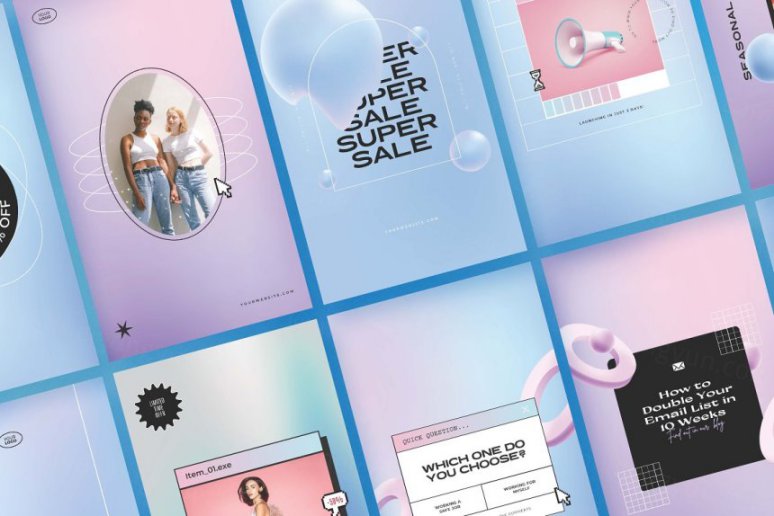 60个现代柔和渐变3D形状流行排版Ins宣传海报模板 Abstract