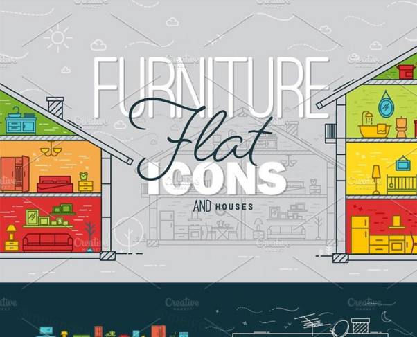 扁平化室内家居图标 Flat furniture icons and house
