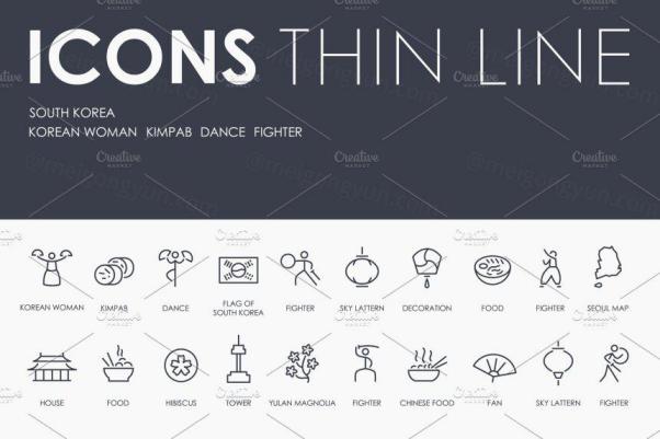韩国元素主题线型图标套装 South Korea thinline icons