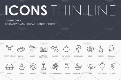 韩国元素主题线型图标套装 South Korea thinline icons