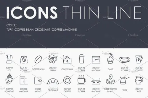 细线风格的咖啡店图标 Coffee thinline icons